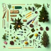 Set realistic Christmas objects design, pine branches, pine cone, decorative snowflake, xmas ball and confetti, bells, and old watch, knolling photography of christmas supplies , vibrant. Flat lay photo