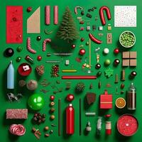 Set realistic Christmas objects design, pine branches, pine cone, decorative snowflake, xmas ball and confetti, bells, and old watch, knolling photography of christmas supplies , vibrant. Flat lay photo