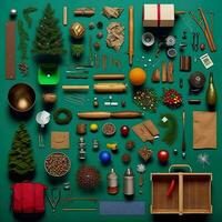 Set realistic Christmas objects design, pine branches, pine cone, decorative snowflake, xmas ball and confetti, bells, and old watch, knolling photography of christmas supplies , vibrant. Flat lay photo