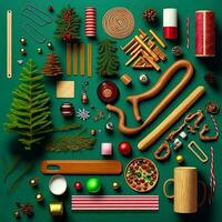 Set realistic Christmas objects design, pine branches, pine cone, decorative snowflake, xmas ball and confetti, bells, and old watch, knolling photography of christmas supplies , vibrant. Flat lay photo