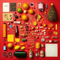 Set realistic Christmas objects design, pine branches, pine cone, decorative snowflake, xmas ball and confetti, bells, and old watch, knolling photography of christmas supplies , vibrant. Flat lay photo