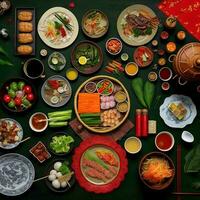 parte superior ver de mesa cena vietnamita. knolling fotografía de familia cena nuevo año , vibrante. vietnamita tradicional comida en país lado. plano poner. foto