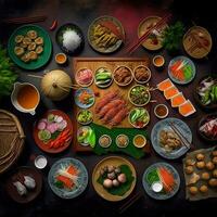 Top view of table dinner Vietnamese. Knolling photography of family dinner new year , vibrant. Vietnamese Traditional Meal in Country side. Flat lay. photo