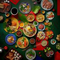 parte superior ver de mesa cena vietnamita. knolling fotografía de familia cena nuevo año , vibrante. vietnamita tradicional comida en país lado. plano poner. foto