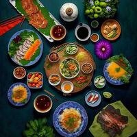 Top view of table dinner Vietnamese. Knolling photography of family dinner new year , vibrant. Vietnamese Traditional Meal in Country side. Flat lay. photo