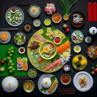 Top view of table dinner Vietnamese. Knolling photography of family dinner new year , vibrant. Vietnamese Traditional Meal in Country side. Flat lay. photo