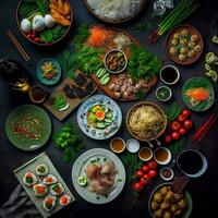 parte superior ver de mesa cena vietnamita. knolling fotografía de familia cena nuevo año , vibrante. vietnamita tradicional comida en país lado. plano poner. foto