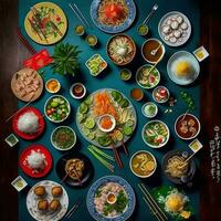 parte superior ver de mesa cena vietnamita. knolling fotografía de familia cena nuevo año , vibrante. vietnamita tradicional comida en país lado. plano poner. foto