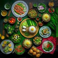 parte superior ver de mesa cena vietnamita. knolling fotografía de familia cena nuevo año , vibrante. vietnamita tradicional comida en país lado. plano poner. foto