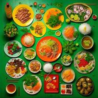 Top view of table dinner Vietnamese. Knolling photography of family dinner new year , vibrant. Vietnamese Traditional Meal in Country side. Flat lay. photo