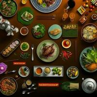 Top view of table dinner Vietnamese. Knolling photography of family dinner new year , vibrant. Vietnamese Traditional Meal in Country side. Flat lay. photo