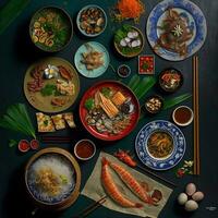 parte superior ver de mesa cena vietnamita. knolling fotografía de familia cena nuevo año , vibrante. vietnamita tradicional comida en país lado. plano poner. foto