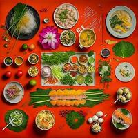 Top view of table dinner Vietnamese. Knolling photography of family dinner new year , vibrant. Vietnamese Traditional Meal in Country side. Flat lay. photo