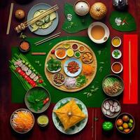 Top view of table dinner Vietnamese. Knolling photography of family dinner new year , vibrant. Vietnamese Traditional Meal in Country side. Flat lay. photo