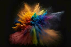 Abstract multicolored powder explosion on Black background.Colorful dust explode. Painted Holiday powder festival. Freeze motion of color powder exploding,throwing color powder on background. photo