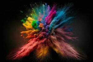Abstract multicolored powder explosion on Black background.Colorful dust explode. Painted Holiday powder festival. Freeze motion of color powder exploding,throwing color powder on background. photo