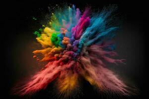 Abstract multicolored powder explosion on Black background.Colorful dust explode. Painted Holiday powder festival. Freeze motion of color powder exploding,throwing color powder on background. photo