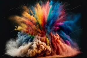 Abstract multicolored powder explosion on Black background.Colorful dust explode. Painted Holiday powder festival. Freeze motion of color powder exploding,throwing color powder on background. photo