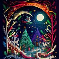 Paper cut quilling multidimensional, paper cut craft, paper illustration, christmas tree and colored lights, vine, stars, tunnel, comet, ornate, oil, christmas, santa claus, snow, doves photo