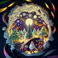 Paper cut quilling multidimensional, paper cut craft, paper illustration, christmas tree and colored lights, vine, stars, tunnel, comet, ornate, oil, christmas, santa claus, snow, doves photo