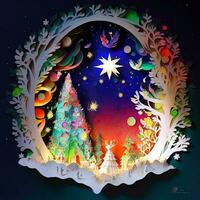 Paper cut quilling multidimensional, paper cut craft, paper illustration, christmas tree and colored lights, vine, stars, tunnel, comet, ornate, oil, christmas, santa claus, snow, doves photo