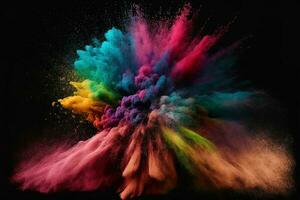 Abstract multicolored powder explosion on Black background.Colorful dust explode. Painted Holiday powder festival. Freeze motion of color powder exploding,throwing color powder on background. photo