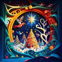 Paper cut quilling multidimensional, paper cut craft, paper illustration, christmas tree and colored lights, vine, stars, tunnel, comet, ornate, oil, christmas, santa claus, snow, doves photo