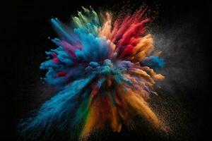 Abstract multicolored powder explosion on Black background.Colorful dust explode. Painted Holiday powder festival. Freeze motion of color powder exploding,throwing color powder on background. photo