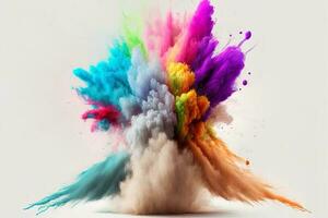 Abstract multicolored powder explosion on white background.Colorful dust explode. Painted Holiday powder festival. Freeze motion of color powder exploding,throwing color powder on background. photo