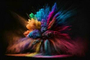 Abstract multicolored powder explosion on Black background.Colorful dust explode. Painted Holiday powder festival. Freeze motion of color powder exploding,throwing color powder on background. photo