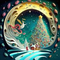 Paper cut quilling multidimensional, paper cut craft, paper illustration, christmas tree and colored lights, vine, stars, tunnel, comet, ornate, oil, christmas, santa claus, snow, doves photo