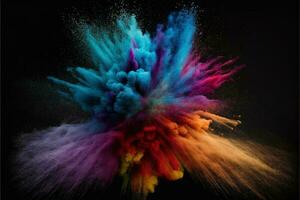 Abstract multicolored powder explosion on Black background.Colorful dust explode. Painted Holiday powder festival. Freeze motion of color powder exploding,throwing color powder on background. photo