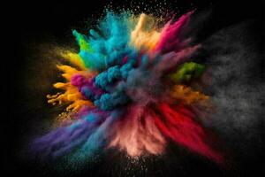 Abstract multicolored powder explosion on Black background.Colorful dust explode. Painted Holiday powder festival. Freeze motion of color powder exploding,throwing color powder on background. photo