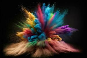 Abstract multicolored powder explosion on Black background.Colorful dust explode. Painted Holiday powder festival. Freeze motion of color powder exploding,throwing color powder on background. photo