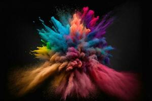 Abstract multicolored powder explosion on Black background.Colorful dust explode. Painted Holiday powder festival. Freeze motion of color powder exploding,throwing color powder on background. photo