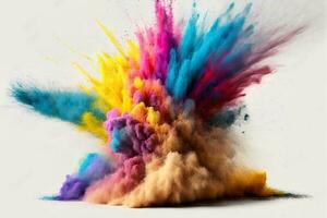 Abstract multicolored powder explosion on white background.Colorful dust explode. Painted Holiday powder festival. Freeze motion of color powder exploding,throwing color powder on background. photo