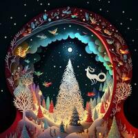 Paper cut quilling multidimensional, paper cut craft, paper illustration, christmas tree and colored lights, vine, stars, tunnel, comet, ornate, oil, christmas, santa claus, snow, doves photo