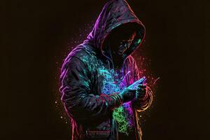 double exposure a lone figure in a hoodie and power boxing, universes collide with neon, cyberpunk, holography, cosmic background. Anonymous man in a black hoodie hacking computer avatar photo