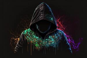 double exposure a lone figure in a hoodie and power boxing, universes collide with neon, cyberpunk, holography, cosmic background. Anonymous man in a black hoodie hacking computer avatar photo