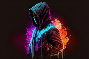 double exposure a lone figure in a hoodie and power boxing, universes collide with neon, cyberpunk, holography, cosmic background. Anonymous man in a black hoodie hacking computer avatar photo