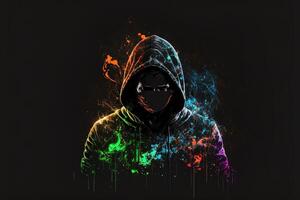 double exposure a lone figure in a hoodie and power boxing, universes collide with neon, cyberpunk, holography, cosmic background. Anonymous man in a black hoodie hacking computer avatar photo