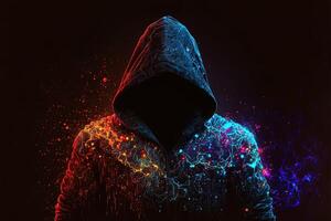 double exposure a lone figure in a hoodie and power boxing, universes collide with neon, cyberpunk, holography, cosmic background. Anonymous man in a black hoodie hacking computer avatar photo