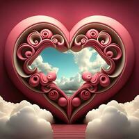 Perfecto decoraciones para san valentin día, simétrico, corazones y nubes, rojo, rosa, 3d, profesional estudio, súper resolución. enamorado día concepto saludo tarjeta foto