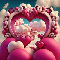 Perfect decorations for valentines day, symmetrical, hearts and clouds, red, pink, 3d, proffesional studio, super-resolution. Valentine day concept greeting card photo