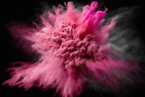 Abstract pink powder explosion on Black background.Colorful dust explode. Painted Holiday powder festival. Freeze motion of color powder exploding,throwing color powder on background. photo