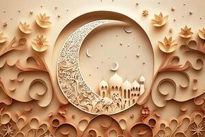 Islamic greeting Eid Mubarak cards for Muslim Holidays.Eid-Ul-Adha festival celebration.Arabic Ramadan Lantern . quilling paper cut Crescent Islamic with mosque for Ramadan Kareem. photo