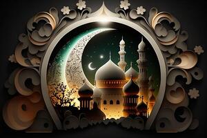 Islamic greeting Eid Mubarak cards for Muslim Holidays.Eid-Ul-Adha festival celebration.Arabic Ramadan Lantern . Generative AI Crescent Islamic with mosque for Ramadan Kareem. photo