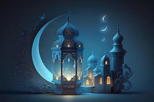 Islamic greeting Eid Mubarak cards for Muslim Holidays.Eid-Ul-Adha festival celebration.Arabic Ramadan Lantern . Crescent Islamic with mosque for Ramadan Kareem. photo