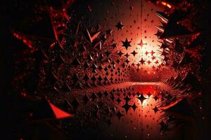 Shower of a million sparkling star shaped mirrors from the heavens. Bright creative abstract decoration element for celebration. Chaos red glitter star with golden frame on dark background. photo