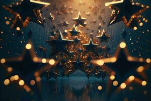 Shower of a million sparkling star shaped mirrors from the heavens. Bright creative abstract decoration element for celebration. Gold and silver glitter star with golden frame on dark background. photo